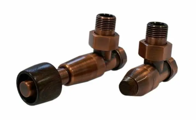 Schlosser Prestige zestaw termostatyczny kątowy ½ x M22x1,5 Antyczna miedź Głowica z drewnianym pokrętłem walcowym GW M22x1,5 - 16x2 PEX 604500116
