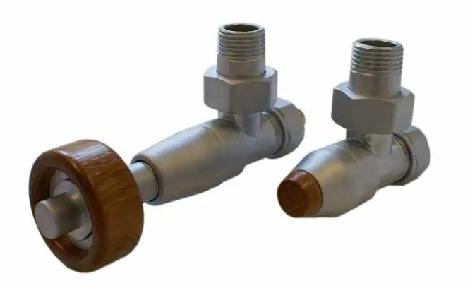 Schlosser Prestige zestaw termostatyczny kątowy ½ x M22x1,5 Satyna Głowica z drewnianym pokrętłem stożkowym GW M22x1,5 x GW 1/2 Stal 604500093