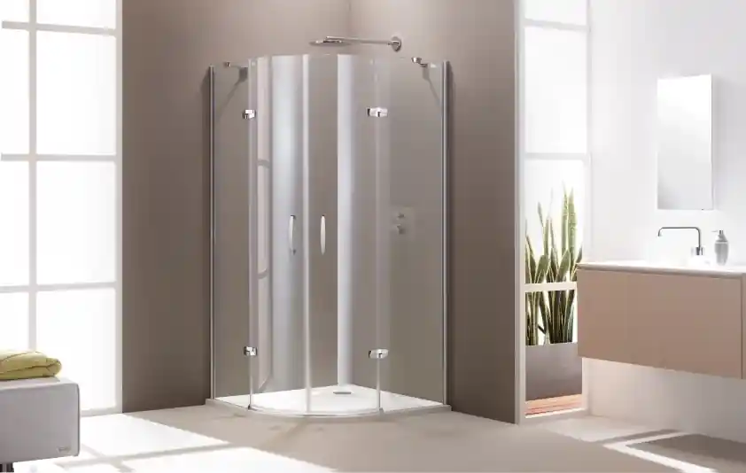 Huppe Aura Elegance 1/4 koła Drzwi skrzydłowe ze stałymi segmentami 2-częściowe do kabiny prysznicowej półokrągłej 90x90x190 cm profile białe, szkło sand plus 400801.055.315