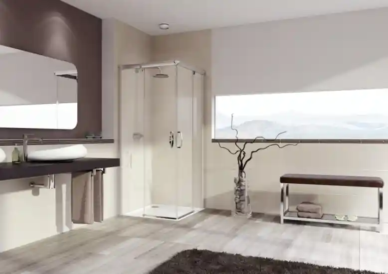 Huppe Aura Elegance 4-kąt Wejście narożnikowe drzwi suwane 2-częściowe o wysokości 120-200 cm wykonanie na wymiar profile chrom eloxal szkło przezroczyste 401380.092.321