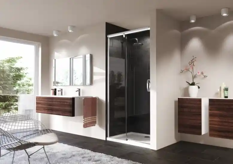 Huppe Aura Elegance 4-kąt Drzwi suwane 1-częściowe ze stałym segmentem o wysokości 120-200 cm wnękowe mocowanie lewe wykonanie na wymiar profile białe szkło privatima Anti-Plaque 401480.055.375