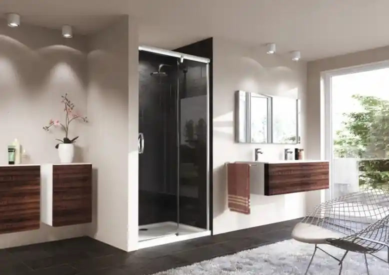 Huppe Aura Elegance 4-kąt Drzwi suwane 1-częściowe ze stałym segmentem o wysokości 120-200 cm do ścianki bocznej mocowanie prawe wykonanie na wymiar profile białe szkło privatima 401580.055.373
