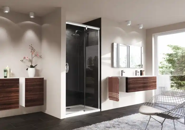 Huppe Aura Elegance 4-kąt Drzwi suwane ze stałym segmentem i częścią boczną o wysokości 120-200 cm wnękowe mocowanie prawe z funkcją soft open/soft close wykonanie na wymiar profile srebrne matowe szkło sand plus 40198A.087.315.730