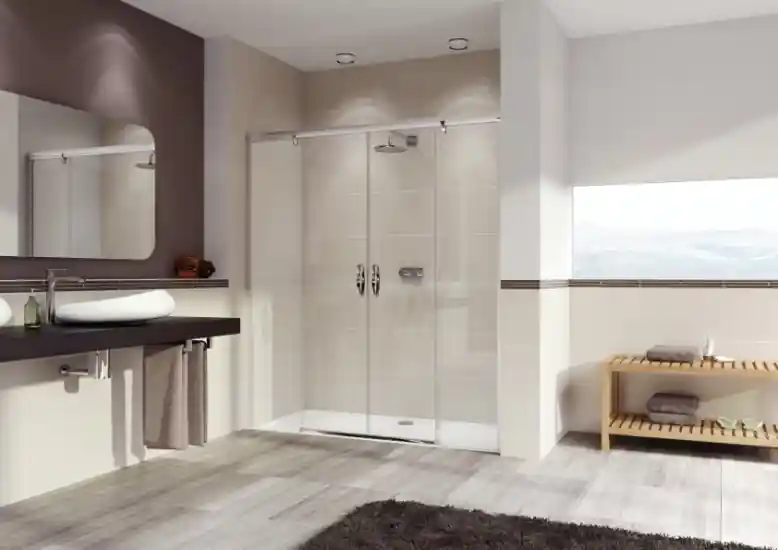 Huppe Aura Elegance 4-kąt Drzwi suwane 2-częściowe ze stałymi segmentami o wysokości 120-200 cm do ścianki bocznej, wykonanie na wymiar, profile srebrne matowe, szkło sand plus 402181.087.315