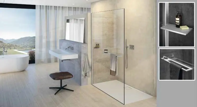 Huppe Select+ SW 90 Ścianka boczna wolnostojąca Walk-in 10 mm z listwą przyścienną Huppe Select+ Tablet i Huppe Select+ Shelf o wysokości 200 cm profile srebrne matowe szkło przezroczyste SL0103.087.321