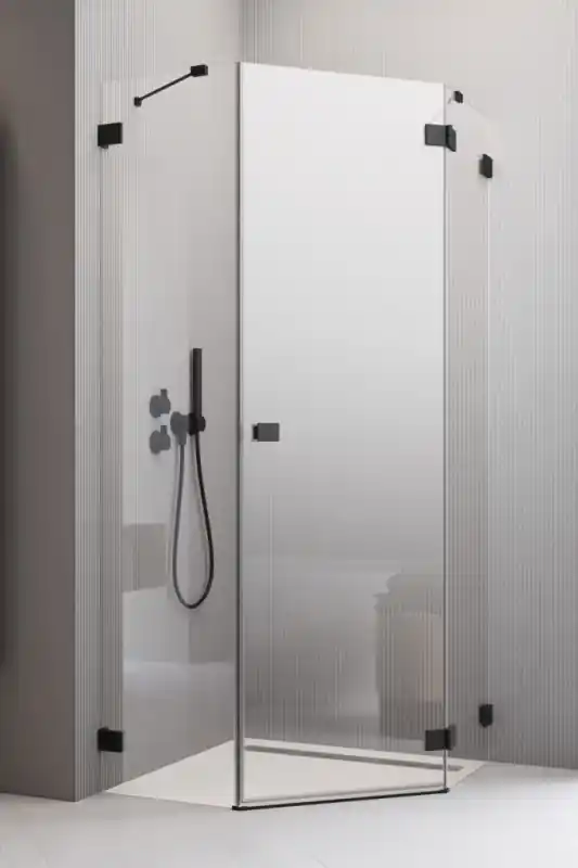 Radaway Essenza Pro Black PTJ Kabina pięciokątna 80x80x200 cm lewa profile czarne szkło przezroczyste 10100000-54-01L+10100100-01-01