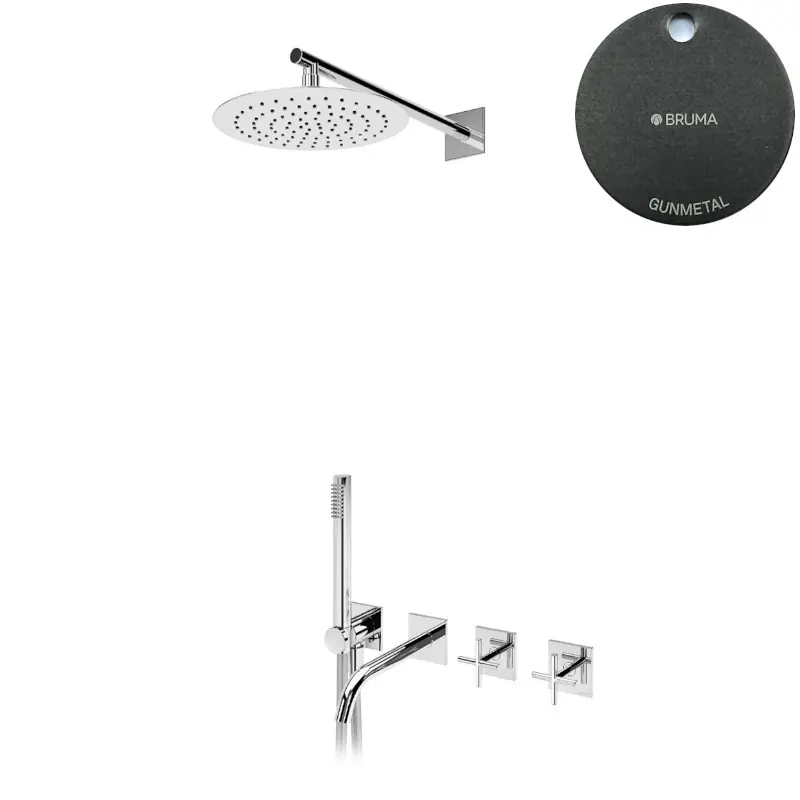 Bruma Hera Bateria wannowo-natryskowa z deszczownicą Ø 250 mm ścienną z wylewką i słuchawką prysznicową Gunmetal 1063121MG