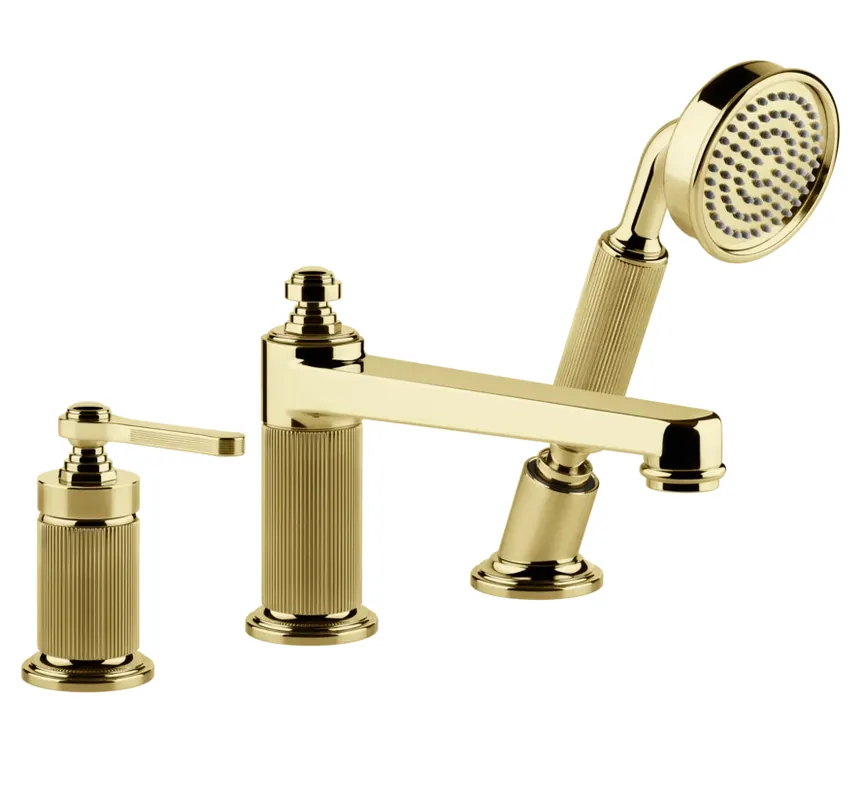 Gessi Venti20 Bateria wannowa 3-otworowa z przełącznikiem, wężem 1,5 m, słuchawką i wylewką gold pvd 65037.246