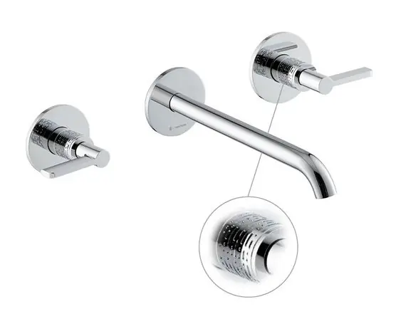 Newform Blink Chic luxury Bateria umywalkowa ścienna 3-otworowa z długą wylewką z teksturą część zewnętrzna chrom 71122E.21.018
