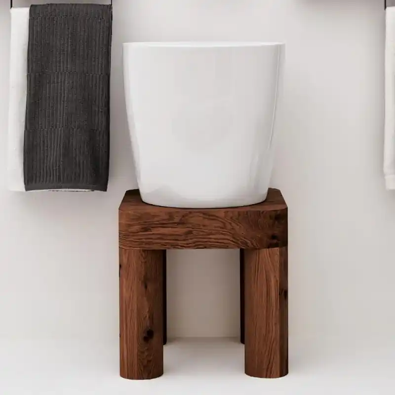Axa KRACKLITE Umywalka stawiana na blat ∅ 46 cm z korkiem Click-clack oraz stojakiem drewnianym Biały połysk/Dark Oak 8050001+AF0015+SG8050021