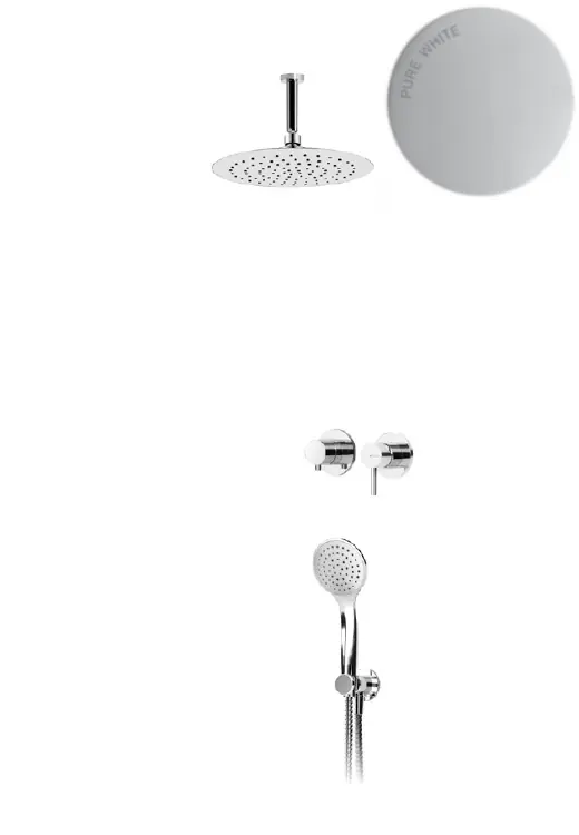 Bruma Lusitano Zestaw natryskowy podtynkowy z deszczownicą Ø 250 mm na ramienieniu sufitowym i słuchawką prysznicową Pure White 1076509PW